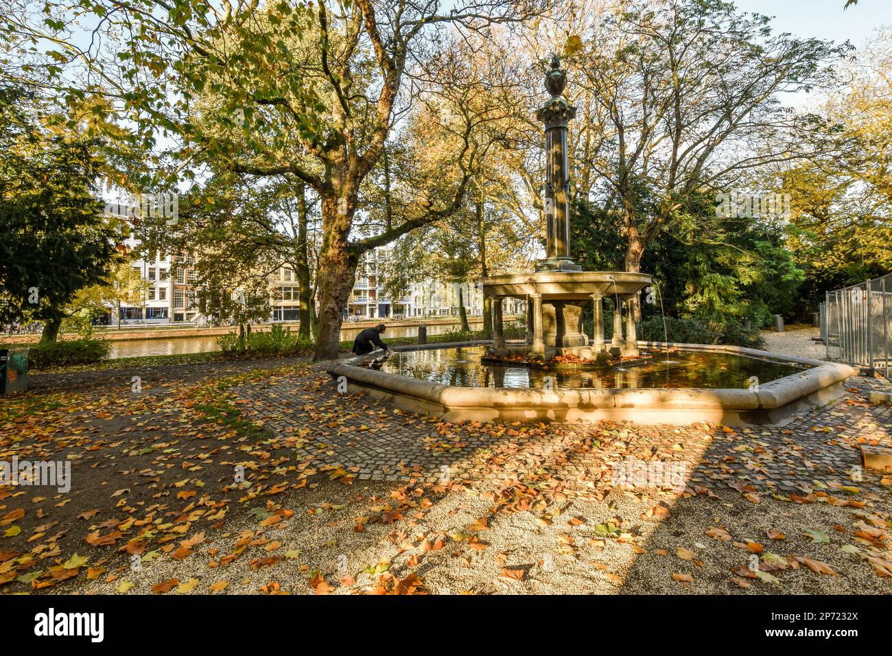 a small fountain in the middle of a park with leaves on the ground and ...