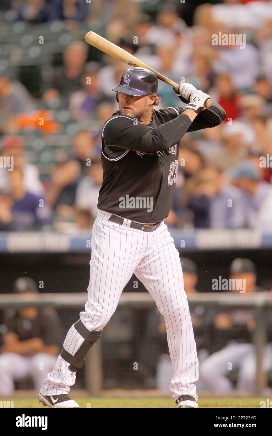 Colorado Rockies first baseman Jason Giambi flips his bat after striking  out against the San Francisco Giants in the third inning at Coors Field on  July 4, 2010 in Denver. UPI/Gary C.