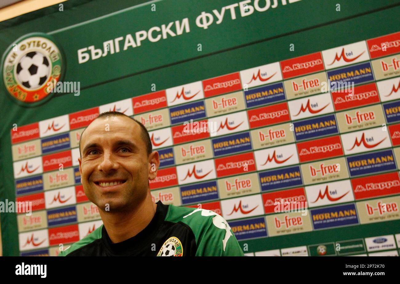 Bulgarian soccer team veteran Martin Petrov speaks during a press  conference in the town of Pravetz, some 60 km (38 ml) east from the capital  Sofia, Bulgaria, Wednesday, Aug.31, 2011. Bulgaria will