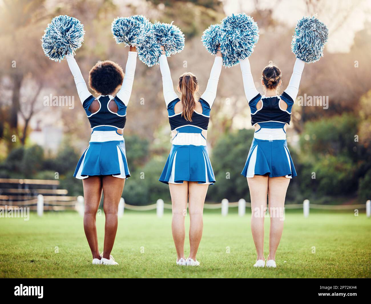 Cheerleader, teen girl team and cheers outdoor, athlete group and