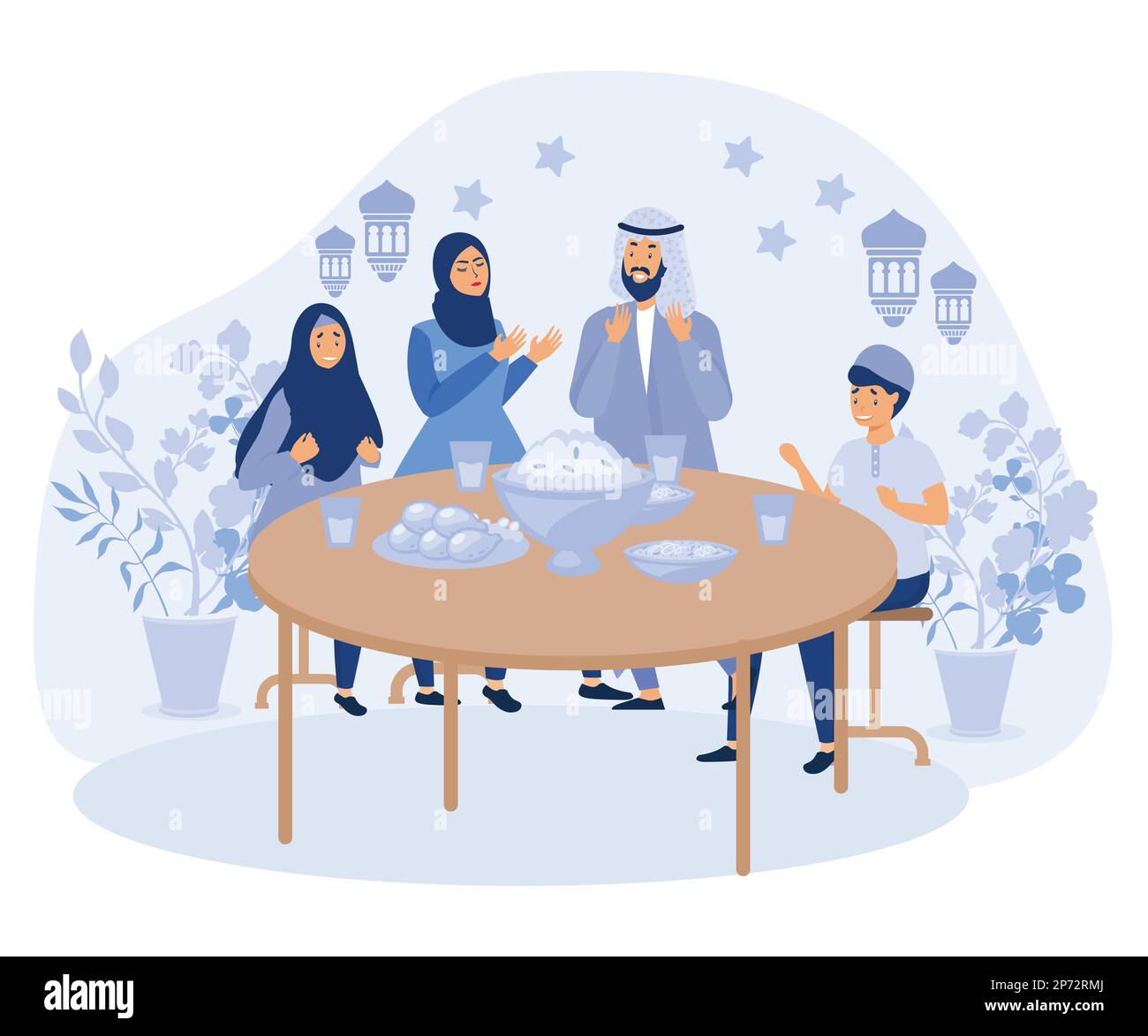 Ramadan dinner. Muslim family eating, iftar celebrating. Arab festive dishes on table, ritual greetings. After fasting, parents and kids together, fla Stock Vector