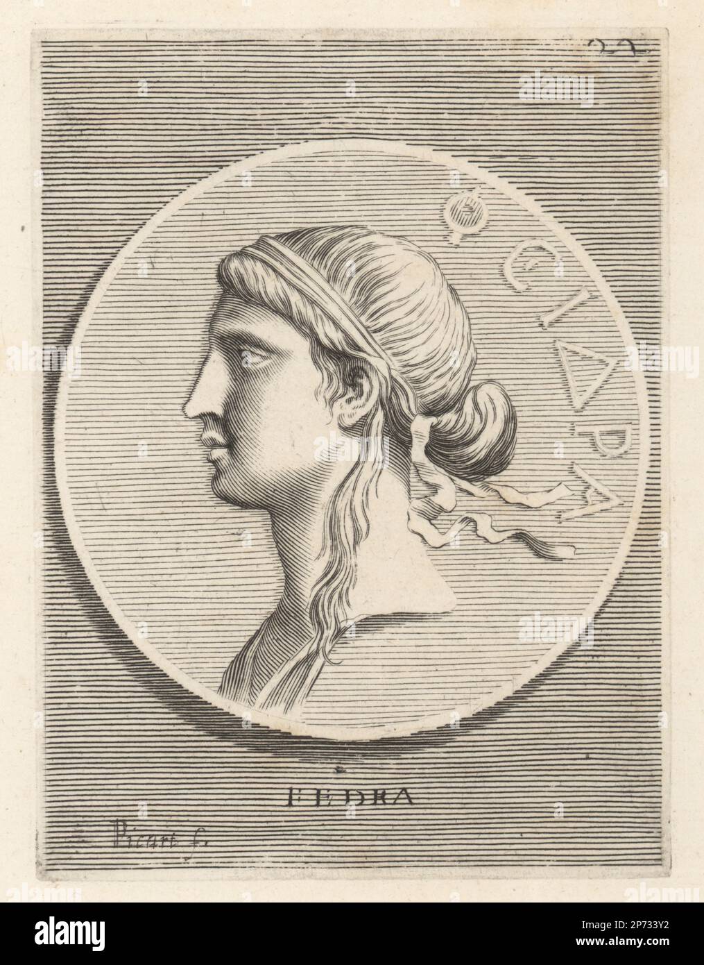 Phaedra, Cretan princess, daughter of Minos and Pasiphae, sister of Ariadne, and wife of Theseus, king of Athens. Head of a woman with her hair tied up in a simple band. Fedra. Copperplate engraving by Etienne Picart after Giovanni Angelo Canini from Iconografia, cioe disegni d'imagini de famosissimi monarchi, regi, filososi, poeti ed oratori dell' Antichita, Drawings of images of famous monarchs, kings, philosophers, poets and orators of Antiquity, Ignatio de’Lazari, Rome, 1699. Stock Photo