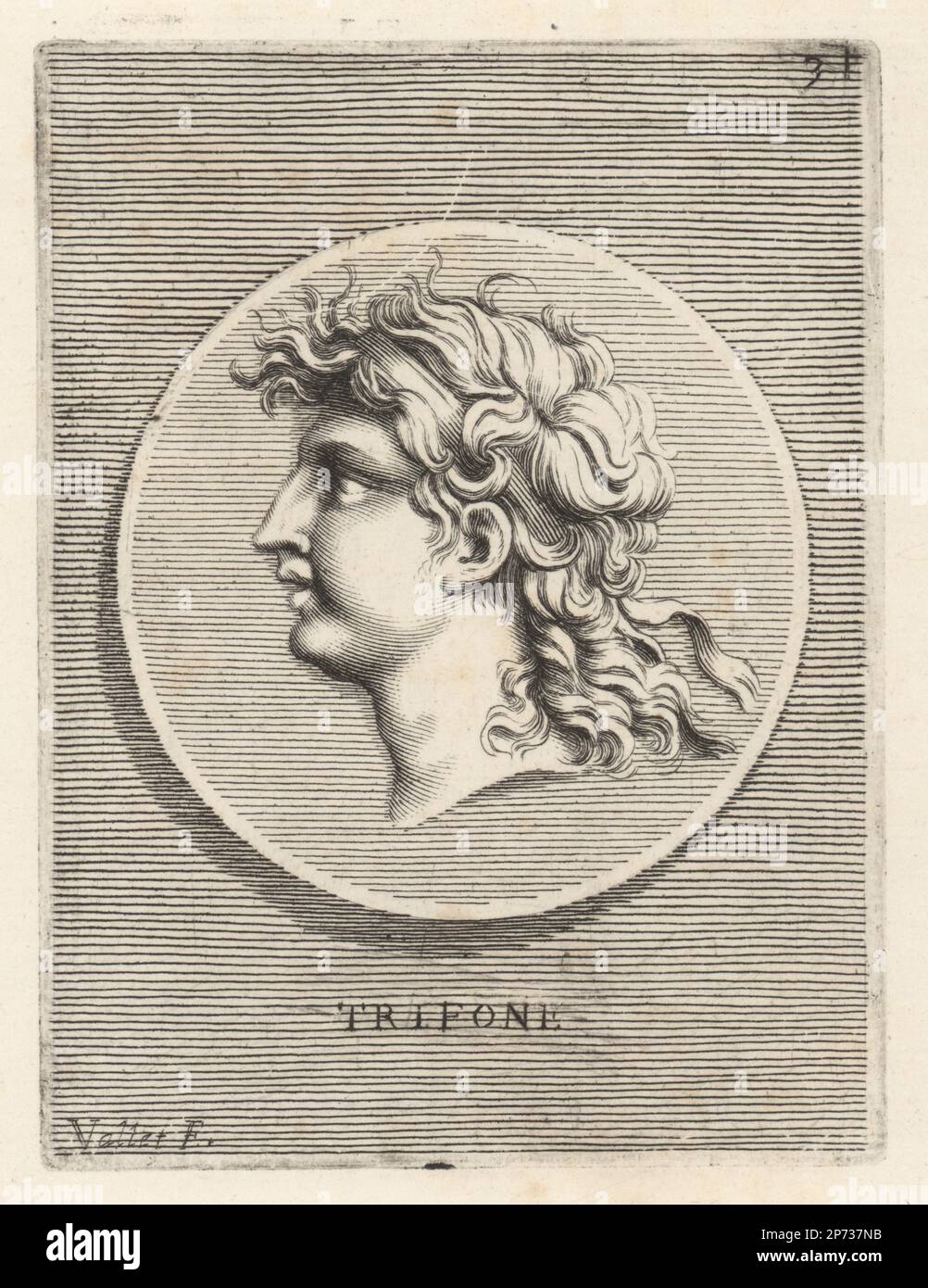 Diodotus Tryphon, nicknamed The Magnificent, Greek king of the Seleucid Empire.  Head of a young man in royal diadem from a coin. Trifone. Copperplate engraving by  Guillaume Vallet after Giovanni Angelo Canini from Iconografia, cioe disegni d'imagini de famosissimi monarchi, regi, filososi, poeti ed oratori dell' Antichita, Drawings of images of famous monarchs, kings, philosophers, poets and orators of Antiquity, Ignatio de’Lazari, Rome, 1699. Stock Photo