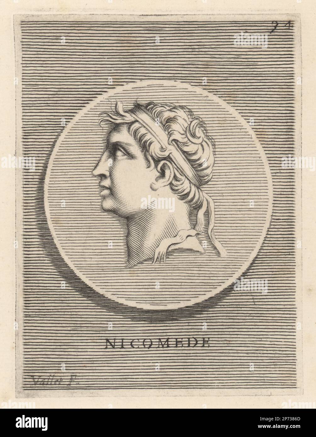 Nicomedes II Epiphanes, king of Bithynia from 149 to c. 127 BC. Son of Prusias II and Apame IV. Head of a man wearing a royal diadem. Nicomedes of Bithynia. Nicomede.  Copperplate engraving by Guillaume Vallet after Giovanni Angelo Canini from Iconografia, cioe disegni d'imagini de famosissimi monarchi, regi, filososi, poeti ed oratori dell' Antichita, Drawings of images of famous monarchs, kings, philosophers, poets and orators of Antiquity, Ignatio de’Lazari, Rome, 1699. Stock Photo