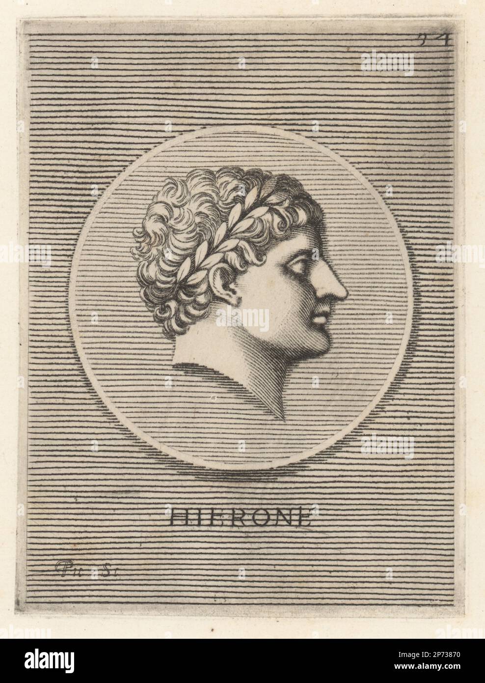 Hiero II, Greek tyrant of Syracuse, Sicily, from 275 to 215 BC. Former general of Pyrrhus of Epirus and important figure of the First Punic War. Head of a young man in laurel crown. Hierone. Copperplate engraving by Etienne Picart after Giovanni Angelo Canini from Iconografia, cioe disegni d'imagini de famosissimi monarchi, regi, filososi, poeti ed oratori dell' Antichita, Drawings of images of famous monarchs, kings, philosophers, poets and orators of Antiquity, Ignatio de’Lazari, Rome, 1699. Stock Photo