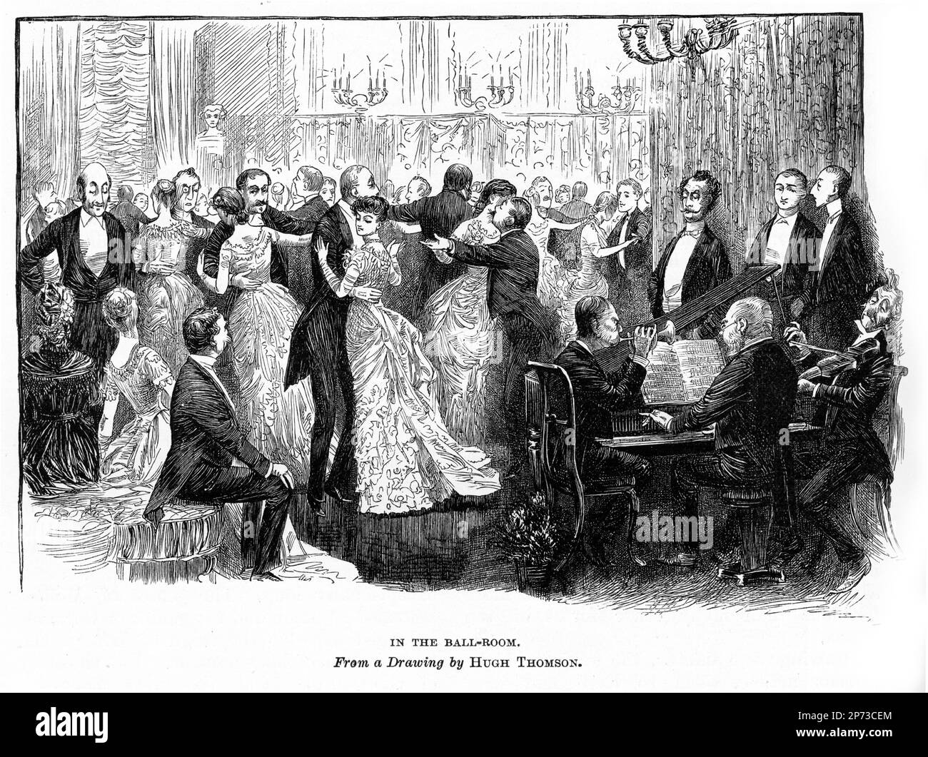 Engraving of people enjoying an evening in the ball-room, circa 1880 Stock Photo