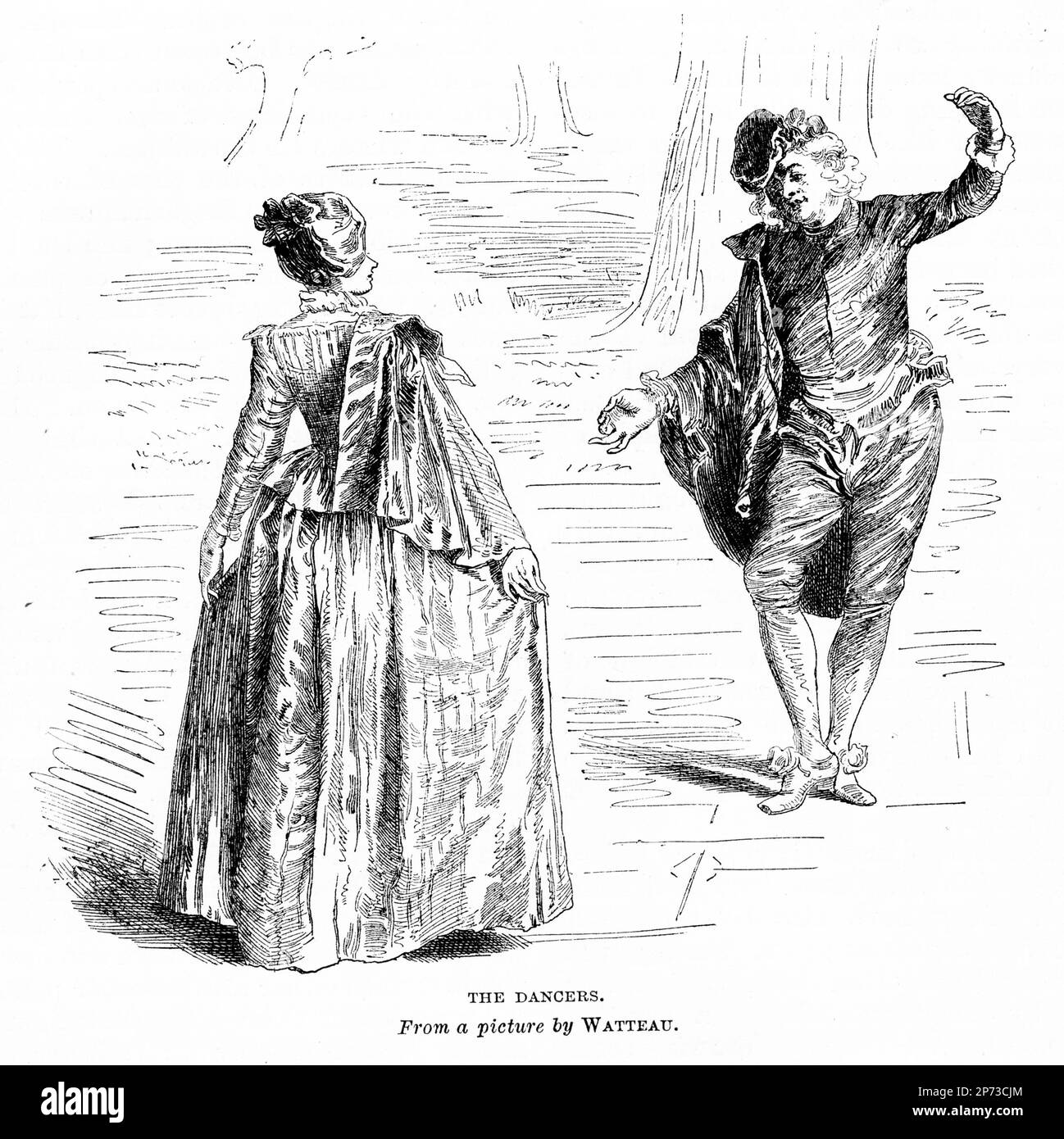 Engraving of a couple dancing in the era of Victorian England, circa 1880 Stock Photo