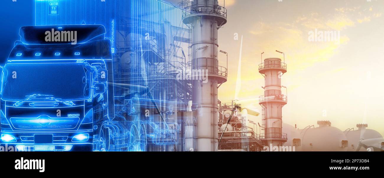 Blue electric vehicle trailer truck green hydrogen concept. Sustainable