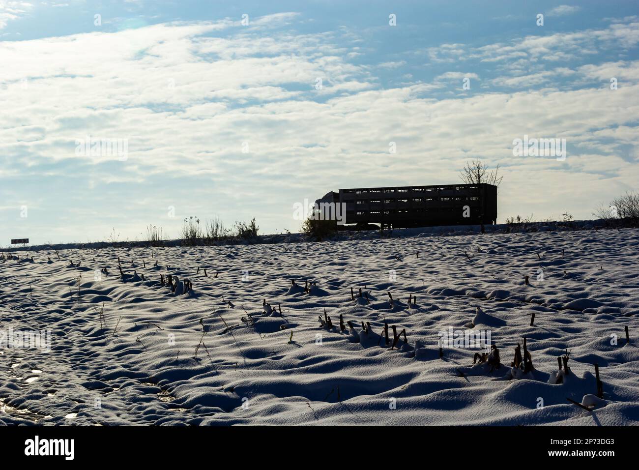 The truck is driving on a winter road. View from the side of the road, image in blue tint. Stock Photo