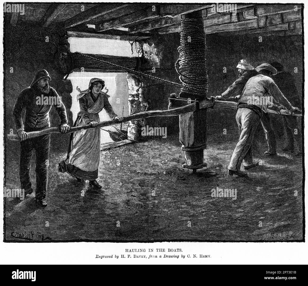 Engraving of Cornish fisherfolk hauling in the boats with a capstan., circa 1880 Stock Photo