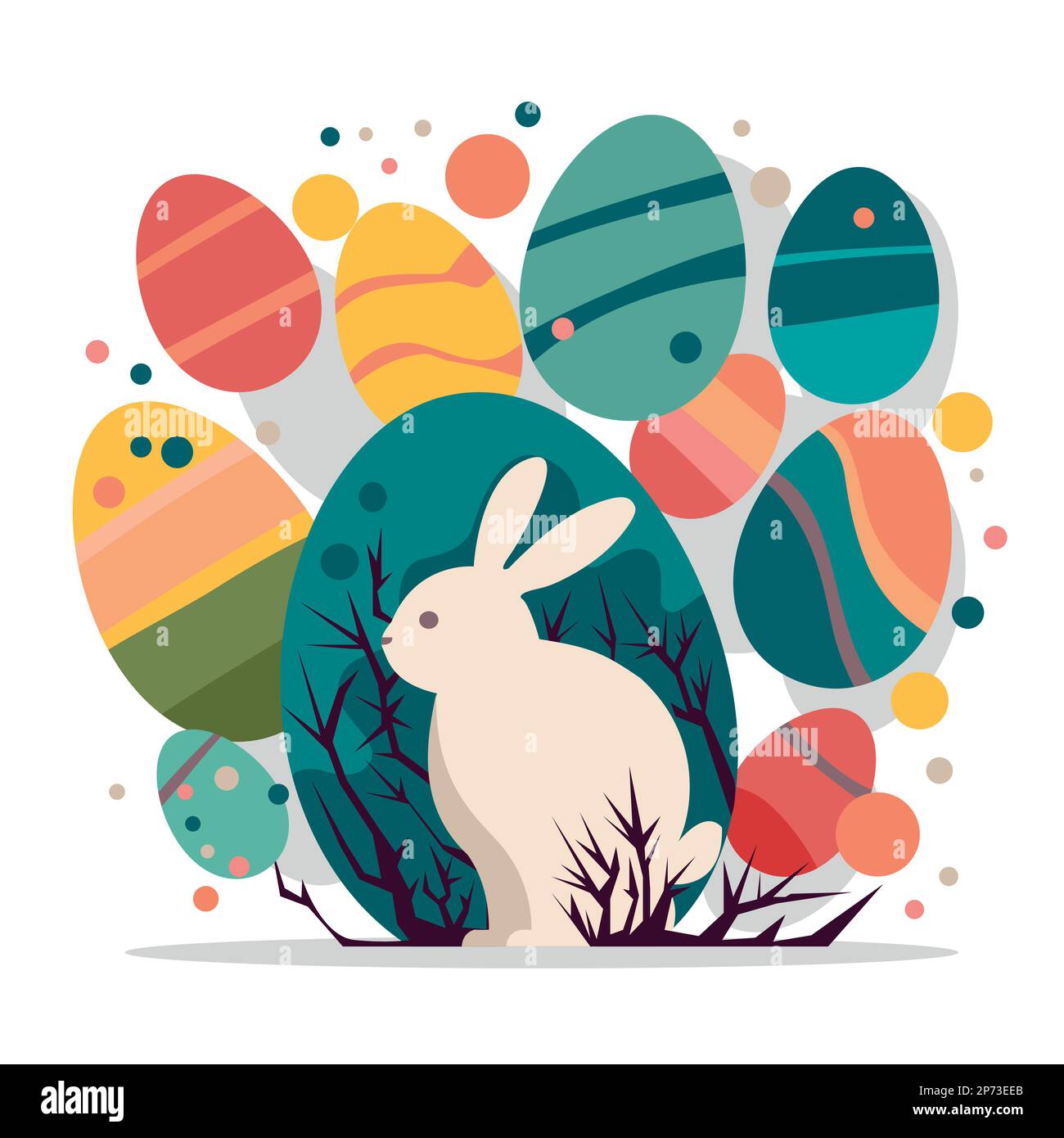 Cute abstract illustration of an Easter bunny surrounded by plants, flowers and colorful Easter eggs. Greeting card, postcard and flat icon of an East Stock Vector