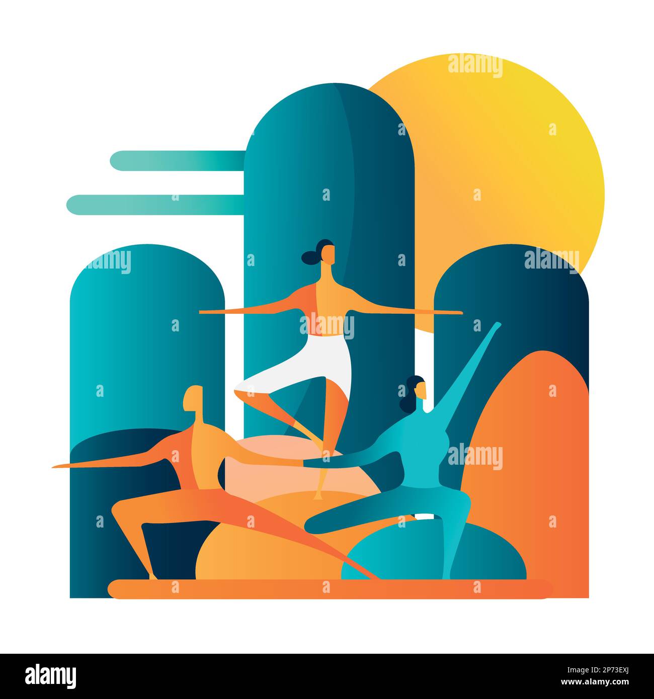 Beautiful and colorful abstract illustration of three people doing yoga and relaxation exercises outdoors. Wellness and healthy life in contact with n Stock Vector