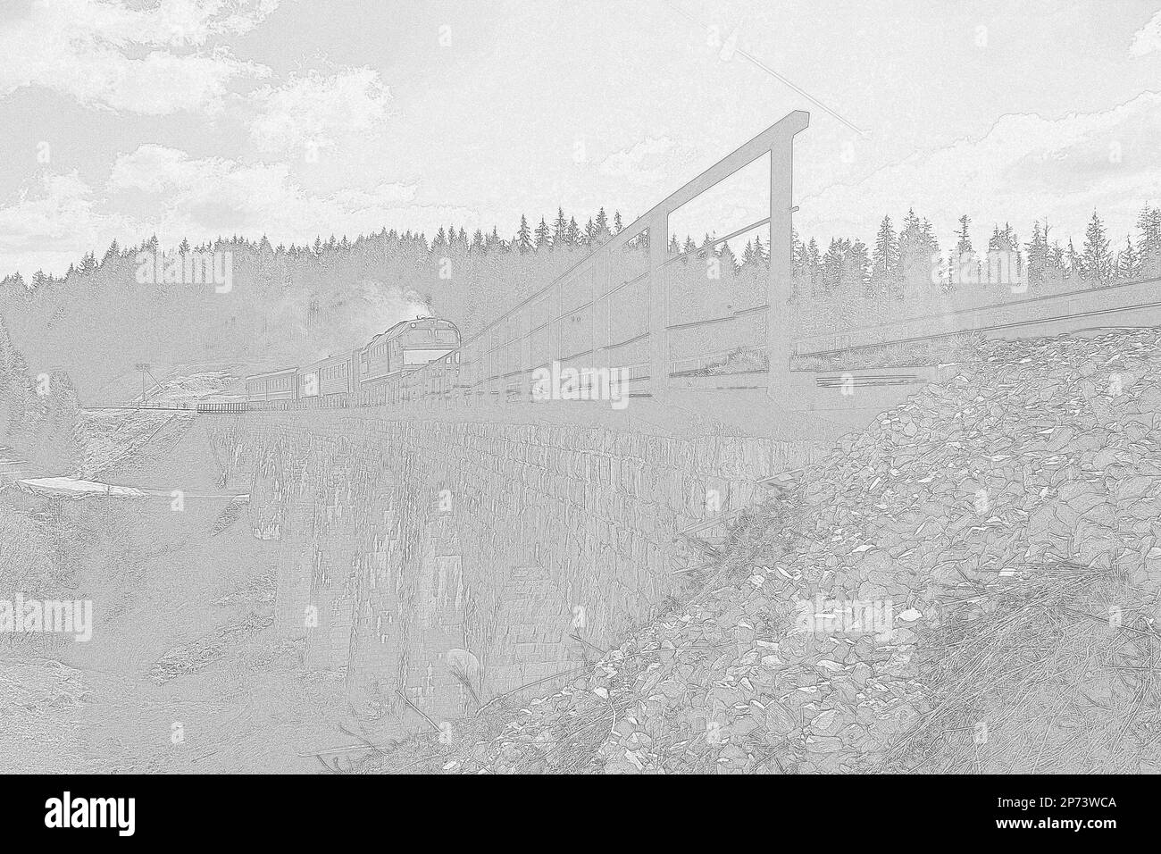 Train passing railway bridge near forest engraving hand drawn sketch