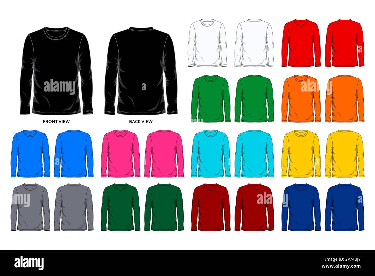 Thirteen colors long sleeve t shirt design template front and back view ...