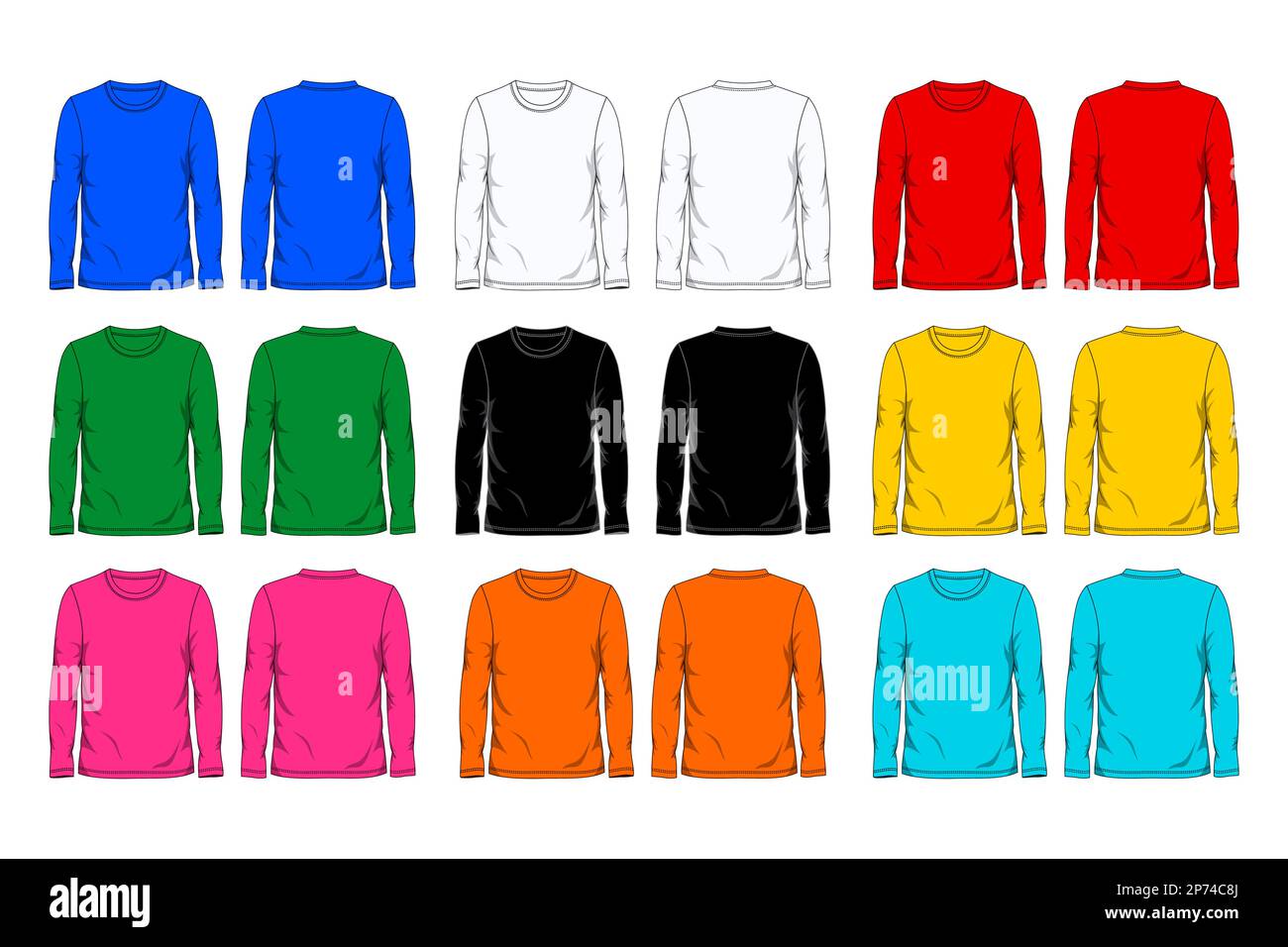 Nine colors long sleeve t shirt design template front and back view ...