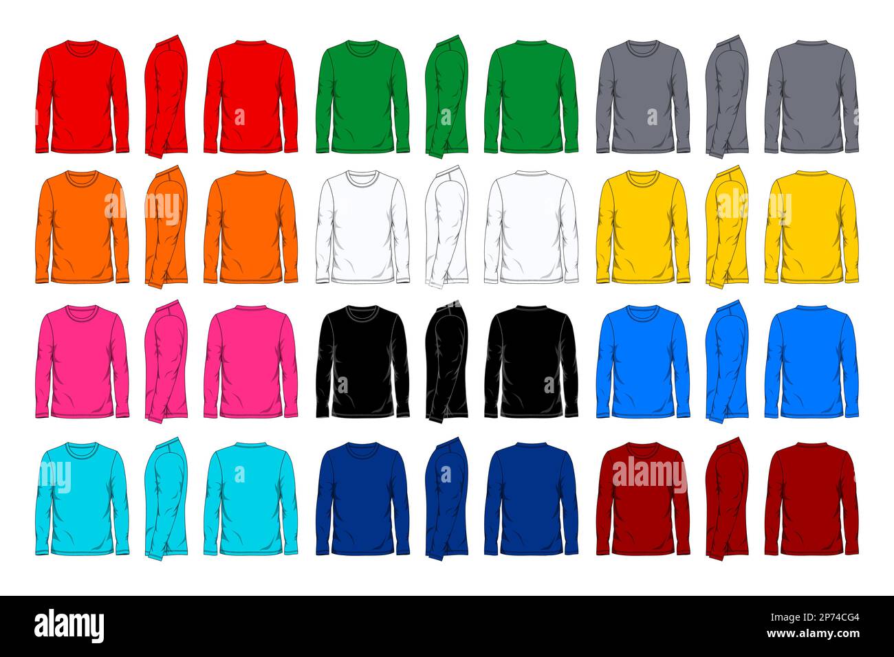Twelve color long sleeve t shirt design template front side and back ...