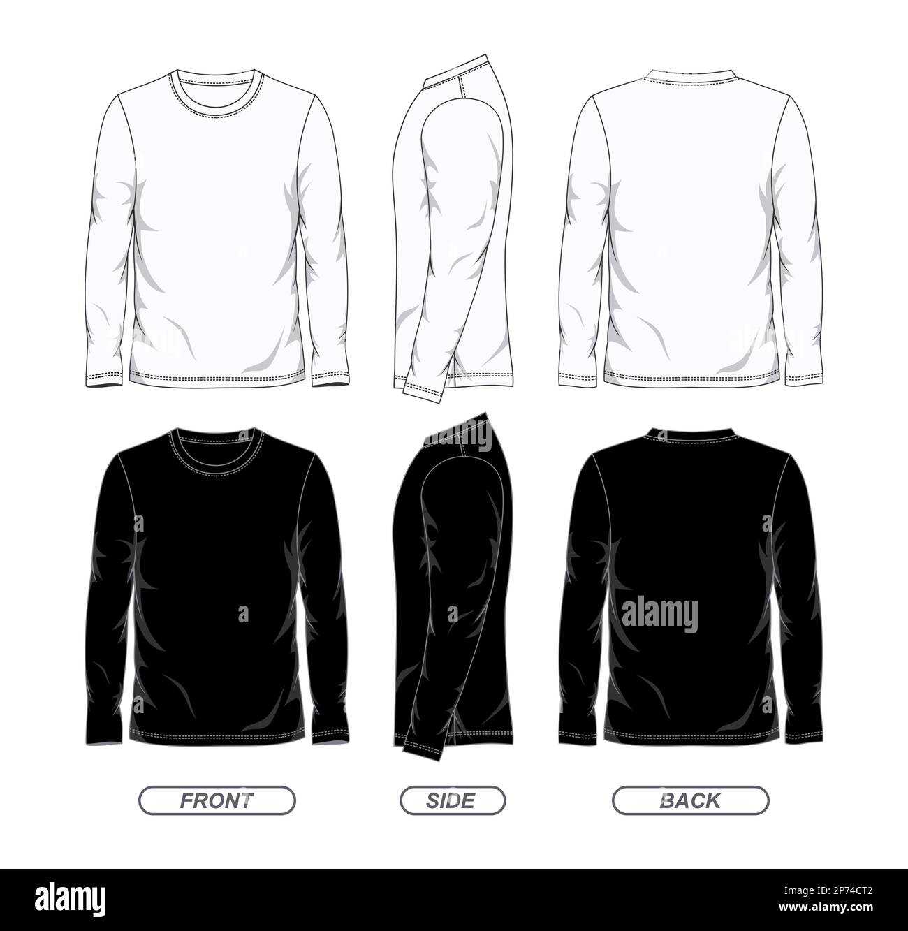 Black and white color long sleeve t shirt design template front side and  back view. Vector illustration Stock Vector Image & Art - Alamy