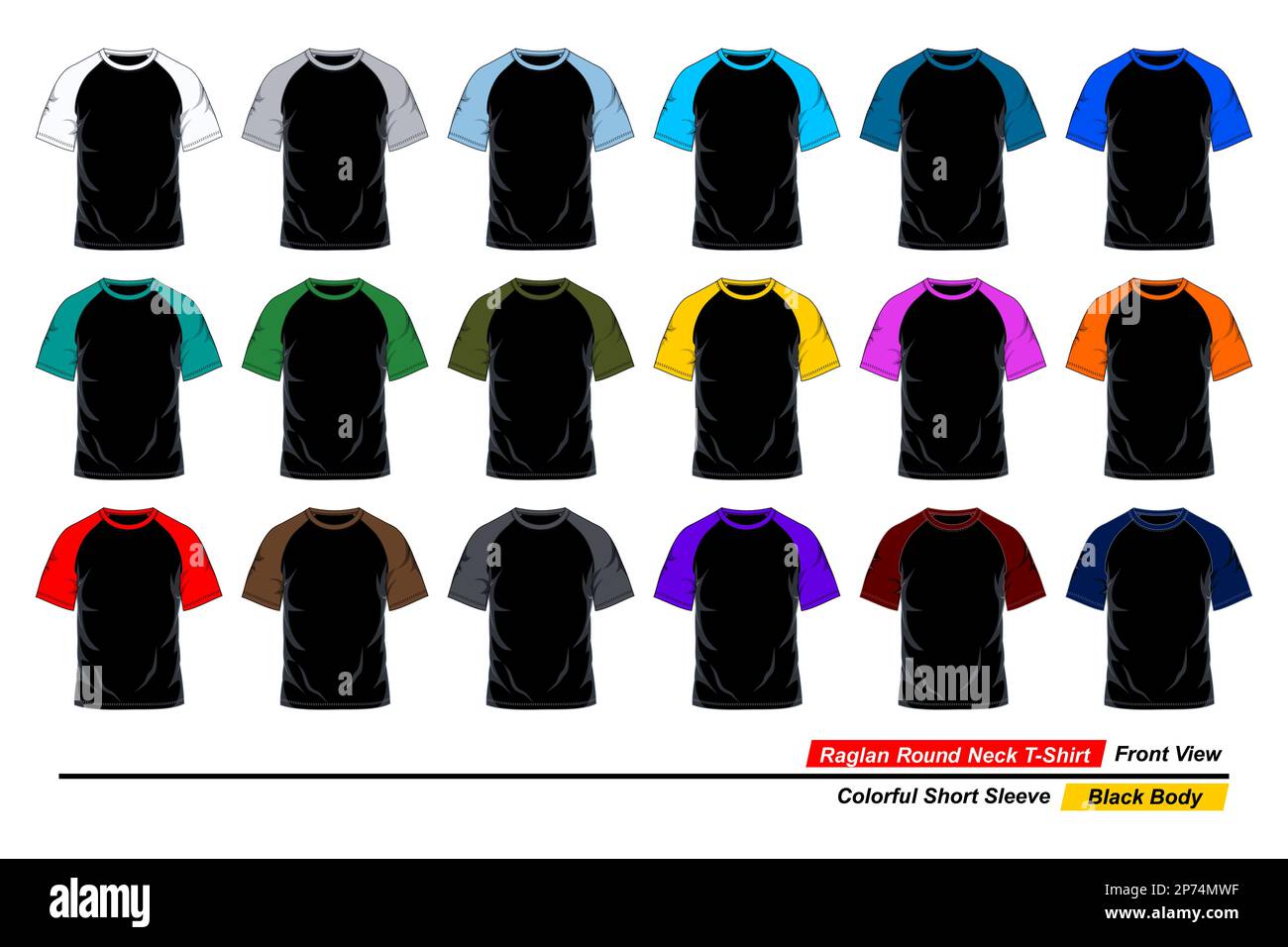 Raglan Round Neck T Shirt Template Front View Colorful Short Sleeve Black Body Vector