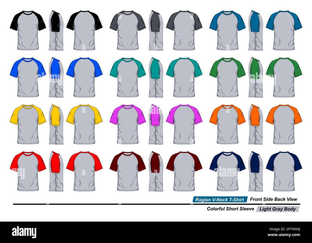 Raglan round neck t-shirt template, front side and back view, colorful ...