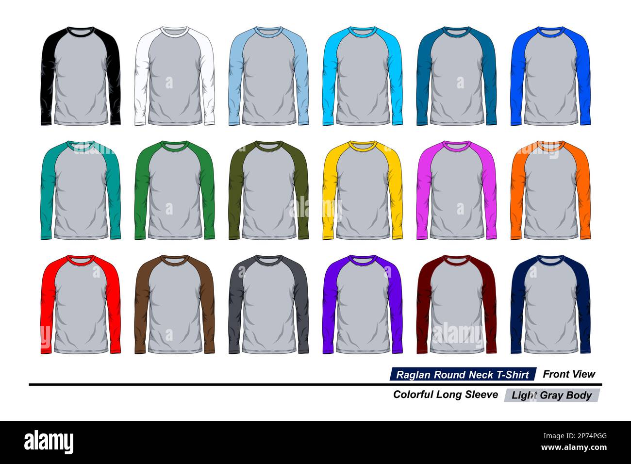 Raglan round neck t-shirt, front view, colorful long sleeve, light gray ...