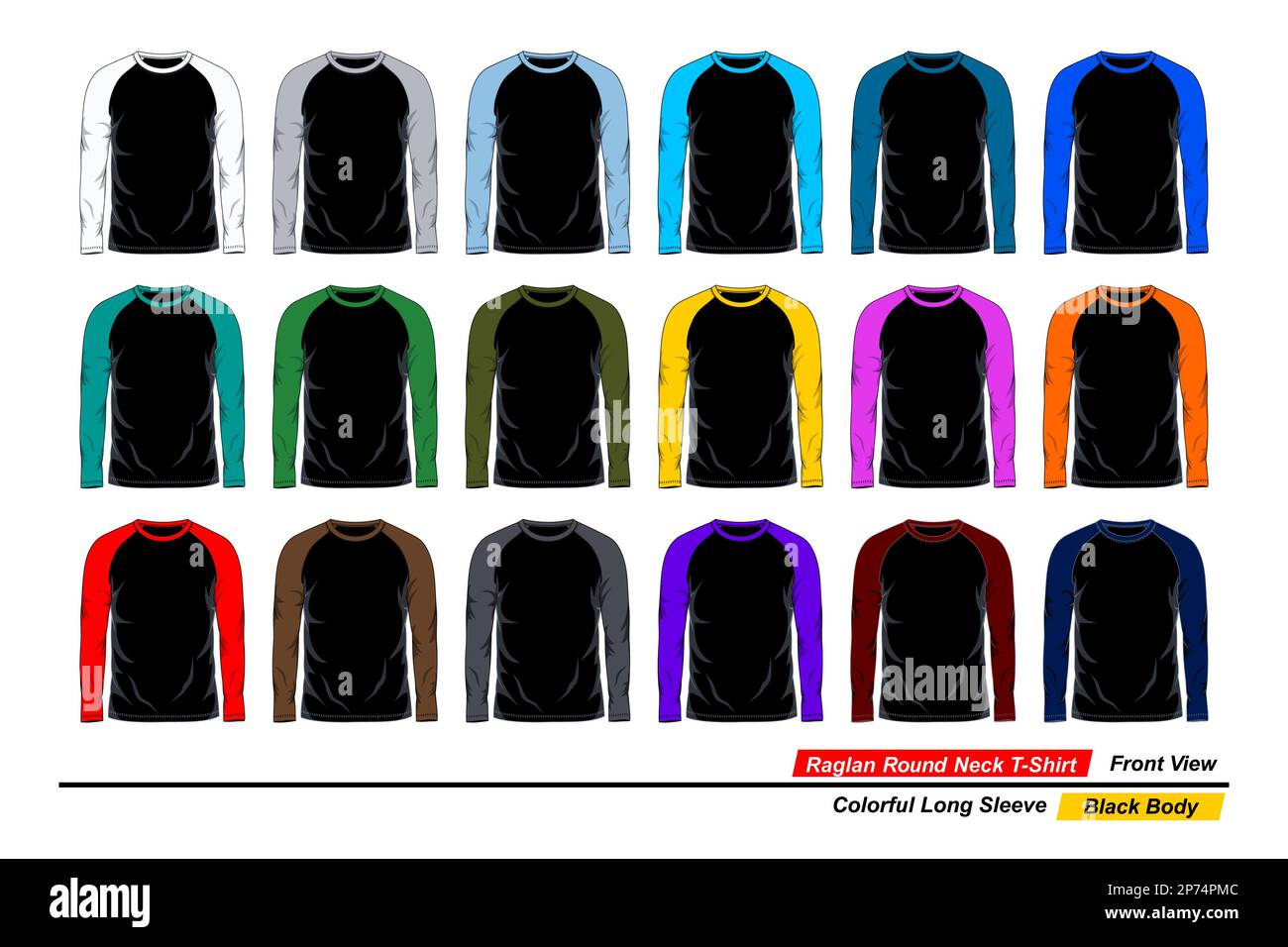 Raglan round neck t-shirt, front view, colorful long sleeve, black body ...