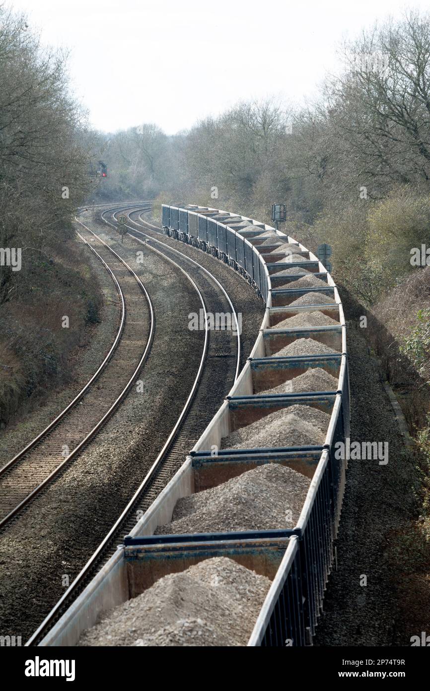 Network Rail wagons carrying ballast stone, Warwickshire, UK Stock Photo