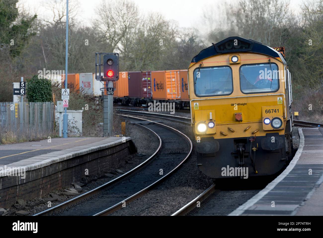 GBRf class 66 diesel locomotive No. 66741 pulling a freightliner train at Hatton station, Warwickshire, UK Stock Photo