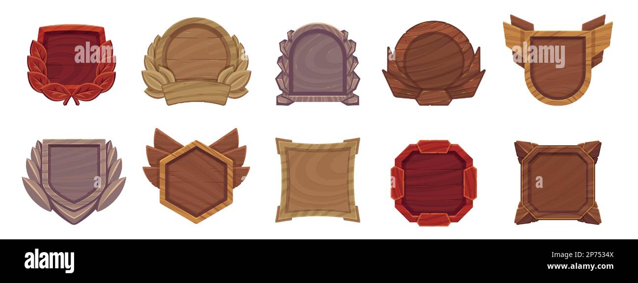Wooden game level frame. Medieval wood avatar border, rating badges achievement menu panel, cartoon bordering decor for rpg. Vector isolated set Stock Vector