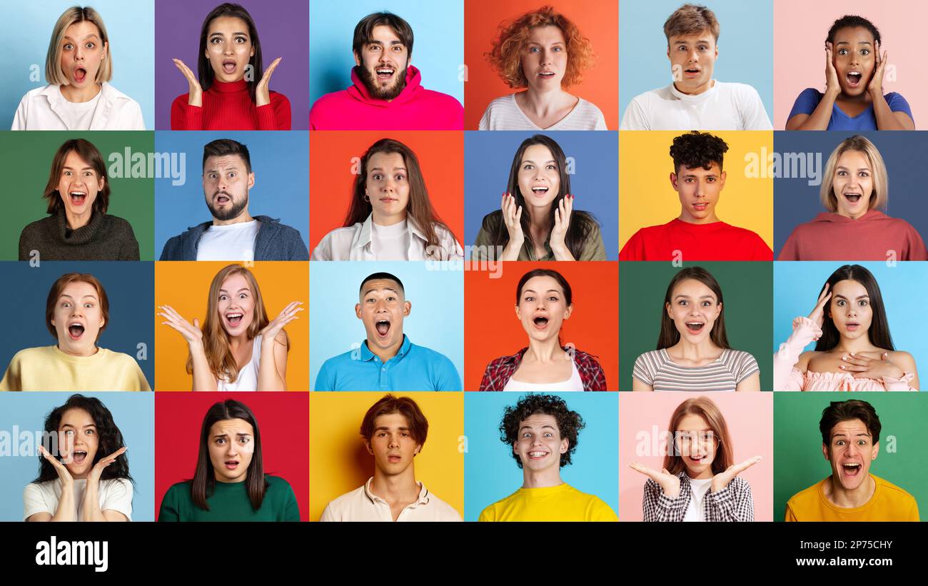 Collage of ethnically diverse people, men and women expressing ...