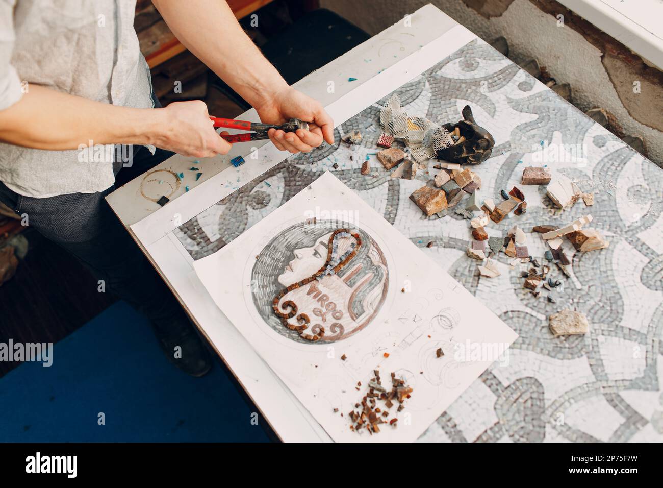 Materials sketch and tools for making colored smalt glass mosaics