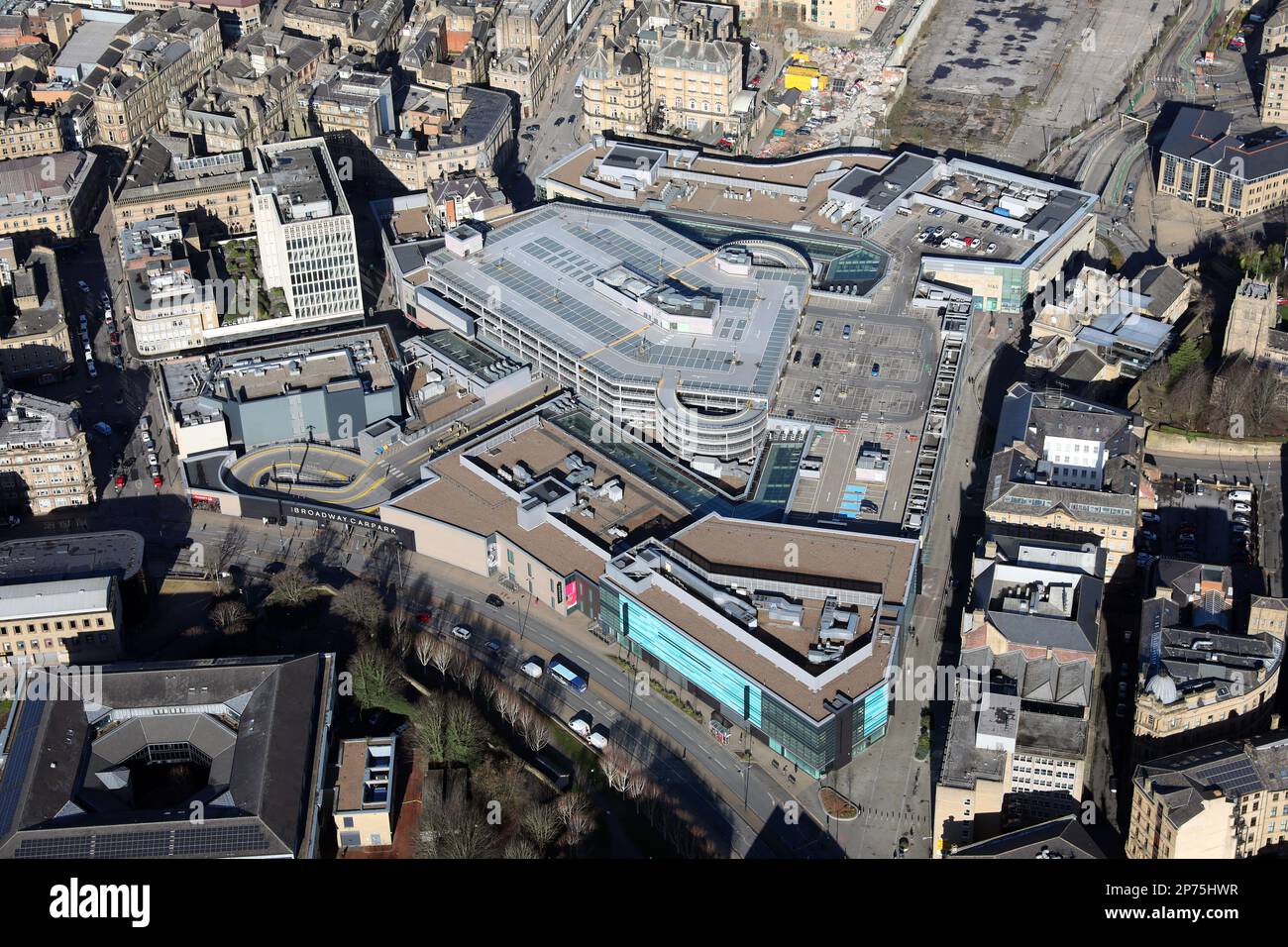 aerial view of The Broadway Shopping Centre in Bradford city centre, West Yorkshire Stock Photo