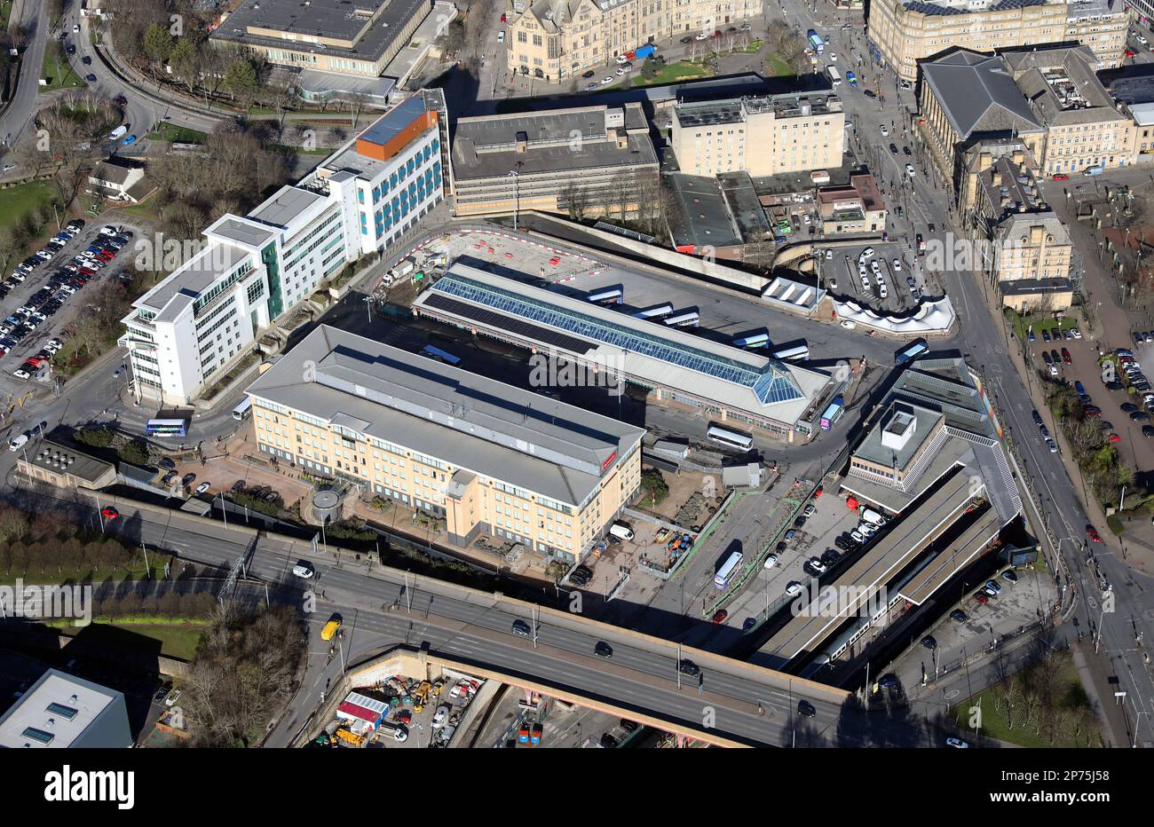 aerial view of Bradford Interchange (train & bus station) & Santander Regional Corporate office, Bradford, West Yorkshire Stock Photo