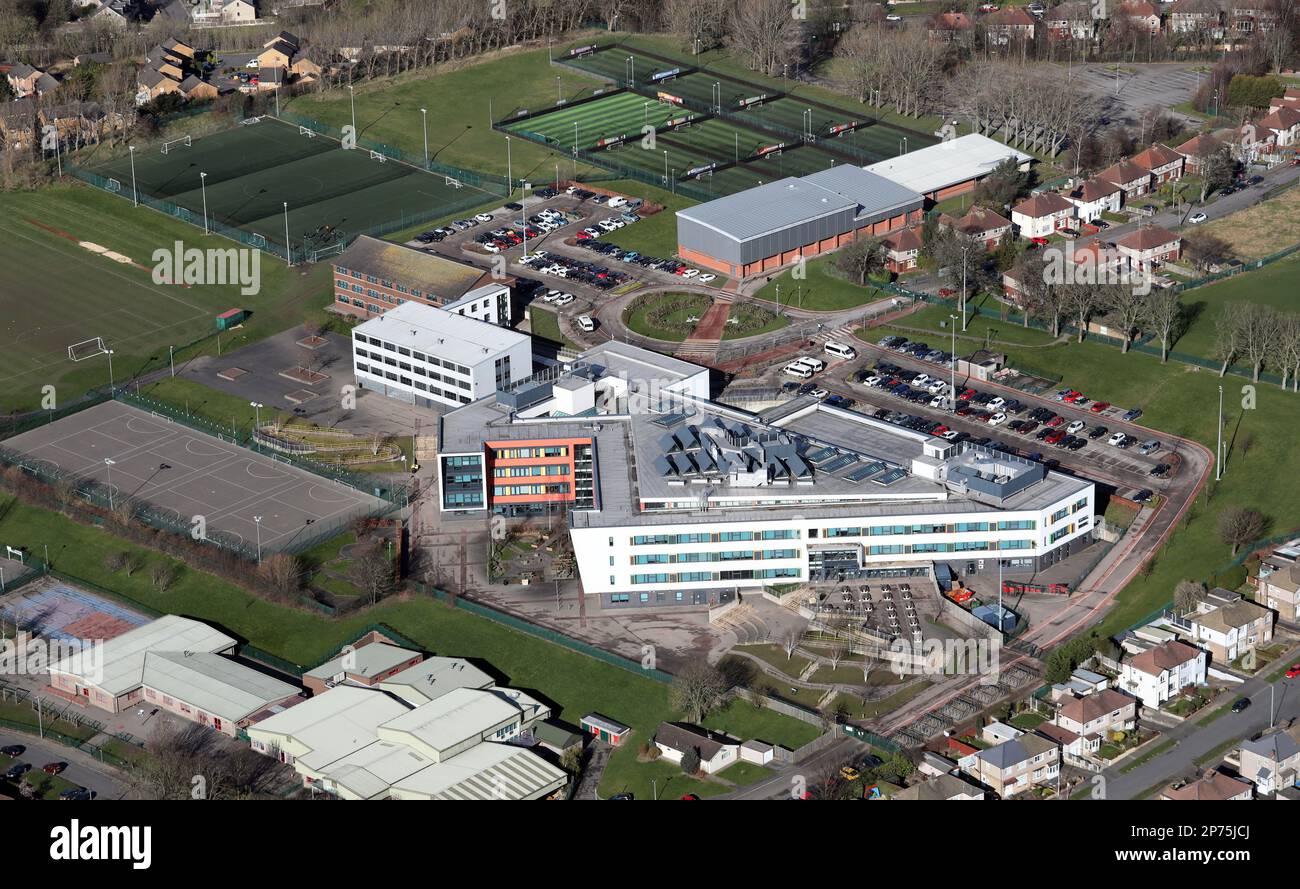 aerial view of the Hanson Academy secondary school in Bradford, West Yorkshire. Goals Bradford sports complex can been in the background Stock Photo