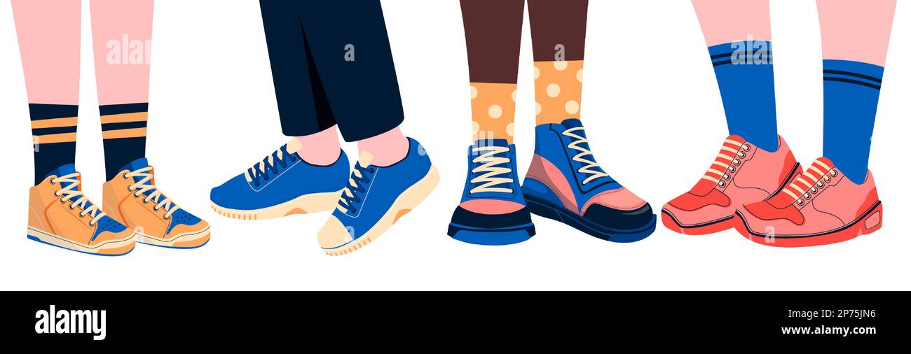Legs with shoes. Male female feet wearing stylish footwear, trendy fashionable comfortable models of casual and sportswear cartoon style. Vector flat Stock Vector
