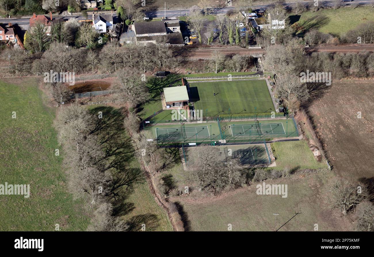 aerial view of Almscliffe Tennis Club at Weeton, with the A658 Harrogate Road at the top of shot with Almscliffe Village Hall & Car Park prominent Stock Photo