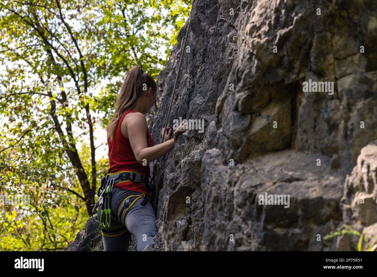 Female climbing the rock wall of the mountain Stock Photo Alamy