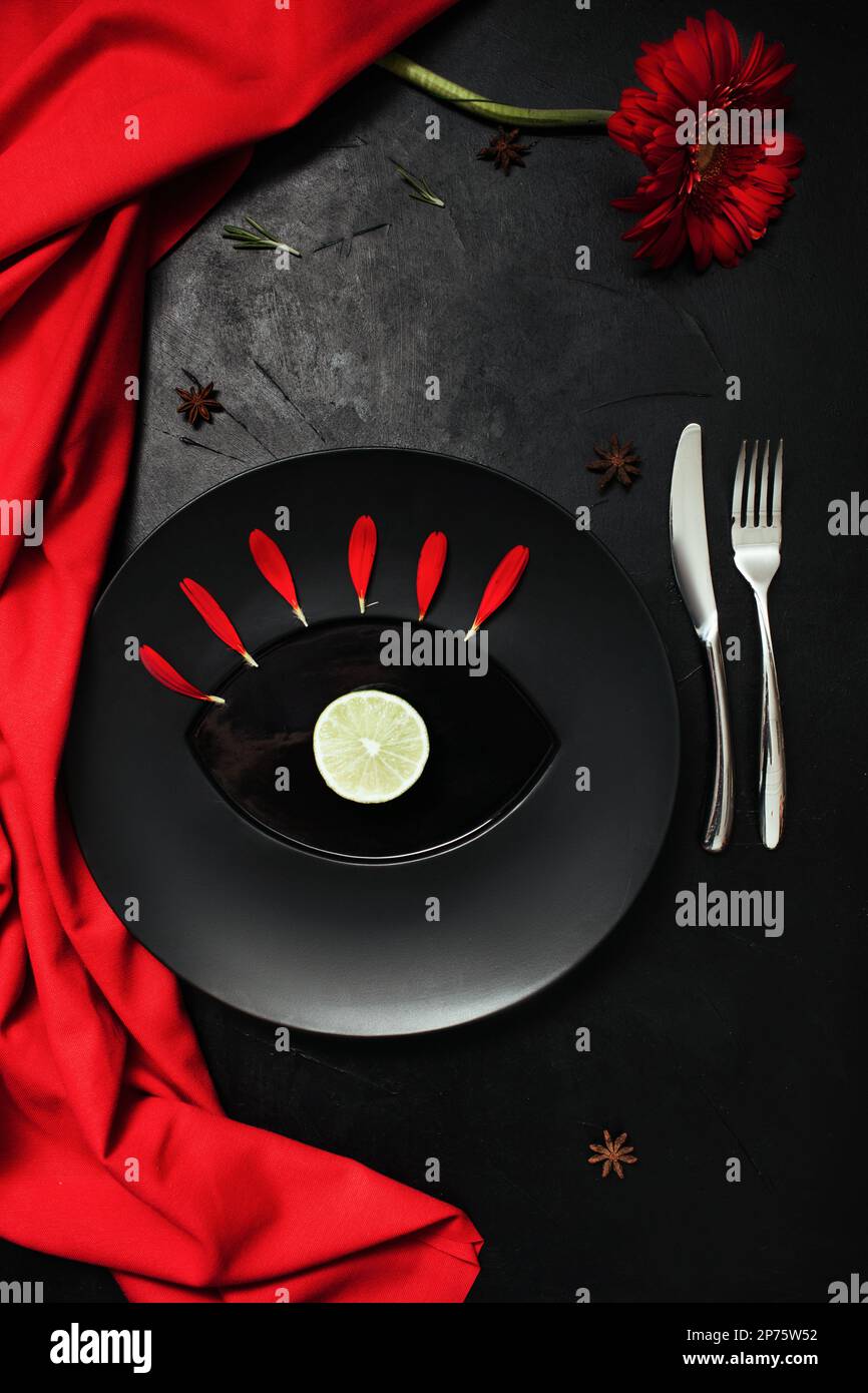 elegant crockery black background table setting Stock Photo Alamy