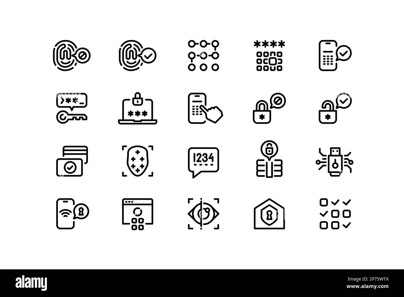 App security line icons. Face detection, pin-code and password, eyeball and fingerprint scan, physical and electronic access key. Vector editable Stock Vector