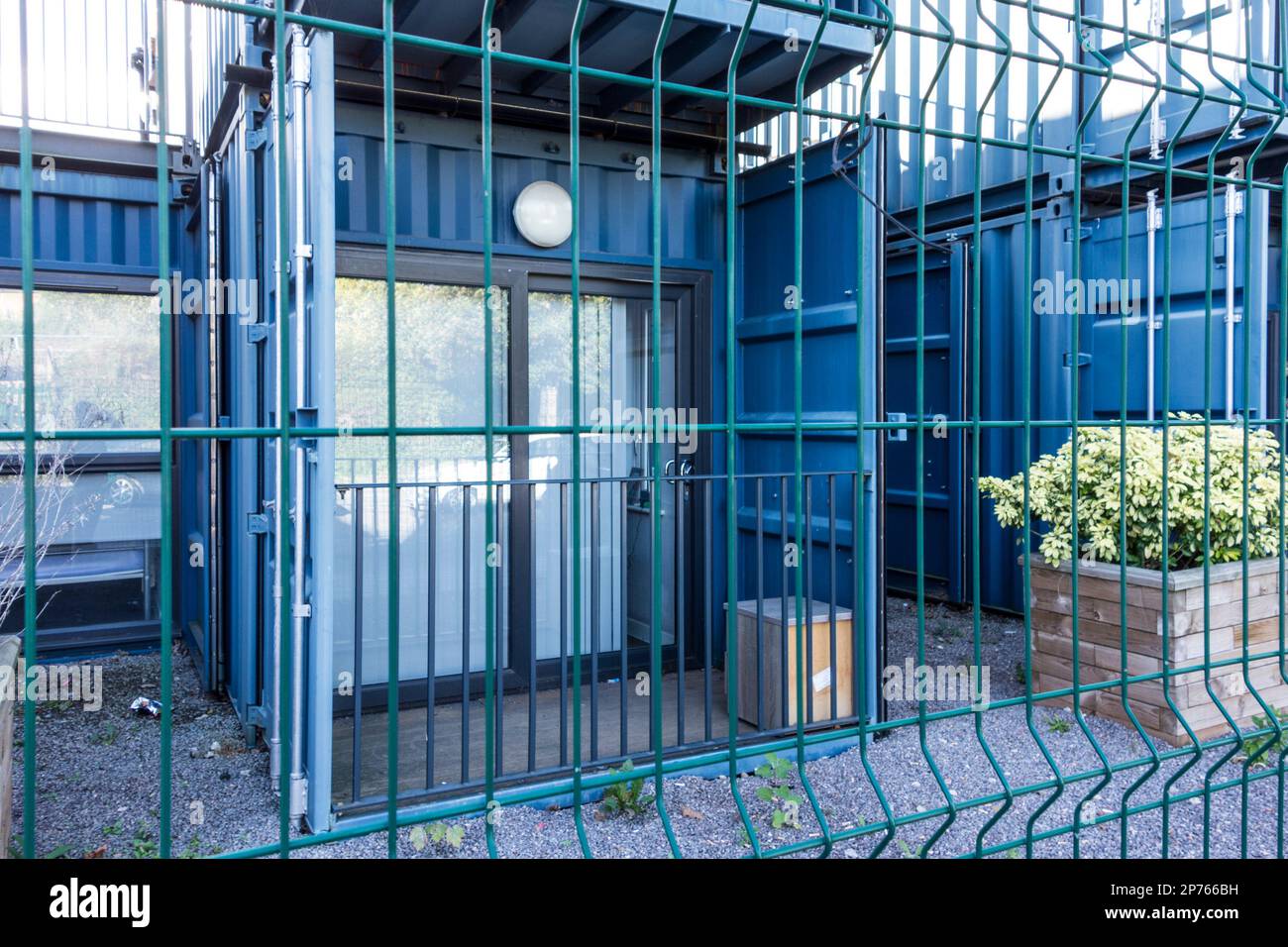 Converted shipping container for housing, Cardiff, Wales Stock Photo