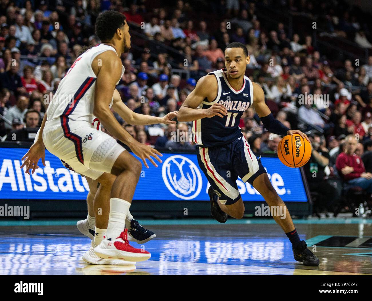 March 07 2023 Las Vegas, NV, U.S.A. Gonzaga guard Nolan Hickman (11)drives to the hoop during the NCAA West Coast Conference Men's Basketball Tournament Championship game between Saint Mary's Gaels and the Gonzaga Bulldogs. Gonzaga beat Saint Mary's 77-53 at Orleans Arena Las Vegas, NV. Thurman James/CSM Stock Photo