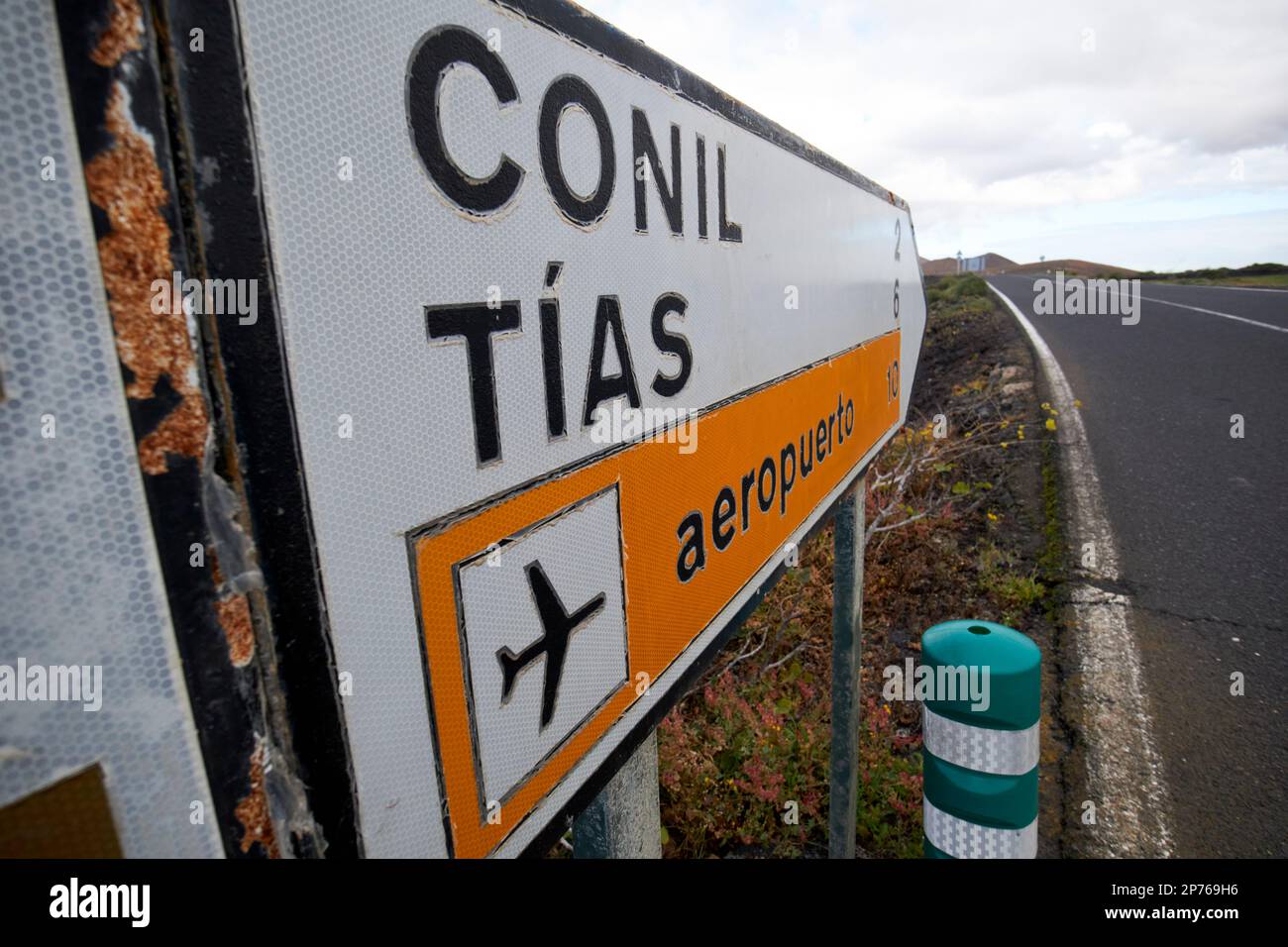roadsign for conil tias and  the airport aeropuerto in Lanzarote, Canary Islands, Spain Stock Photo
