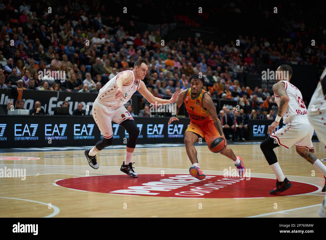 Johannes Voigtmann of EA7 Emporio Armani Milan (L) and Chris Jones of Valencia basket (R) in action during the Turkish Airlines EuroLeague Regular Sea Stock Photo