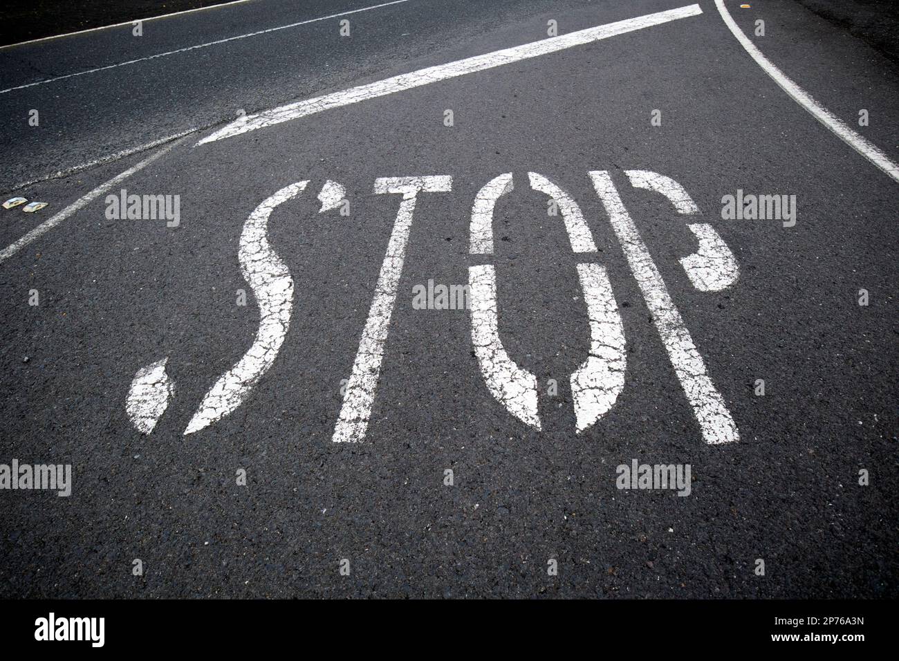 stop sign and line in the road on rural road Lanzarote, Canary Islands, Spain Stock Photo