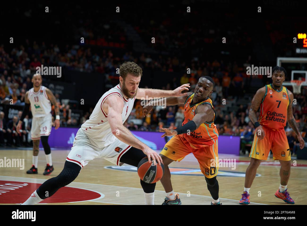 Nicolo Melli of EA7 Emporio Armani Milan (L) and Jared Harper of Valencia basket  (R) in action during the Turkish Airlines EuroLeague Regular Season Stock Photo