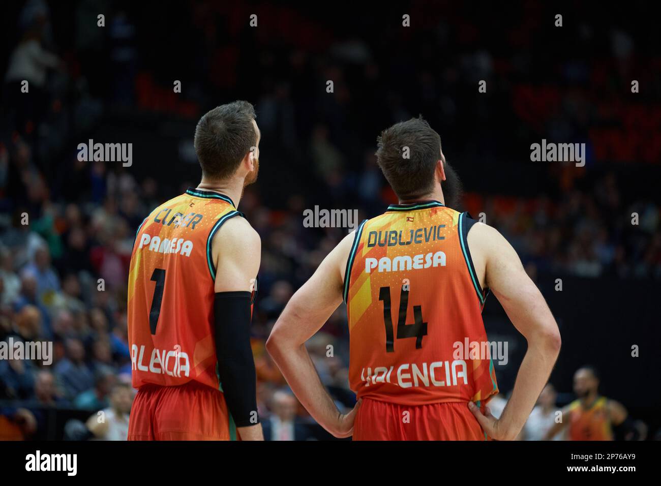 Victor Claver of Valencia basket (L) and Bojan Dublevic of Valencia basket (R) in action during the Turkish Airlines EuroLeague Regular Season Round 2 Stock Photo