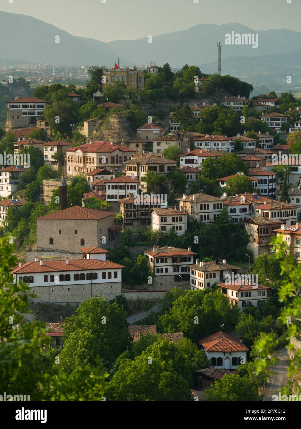 Karabuk Railing View of the historical famous Safranbolu Ottoman houses. Afternoon on a ...