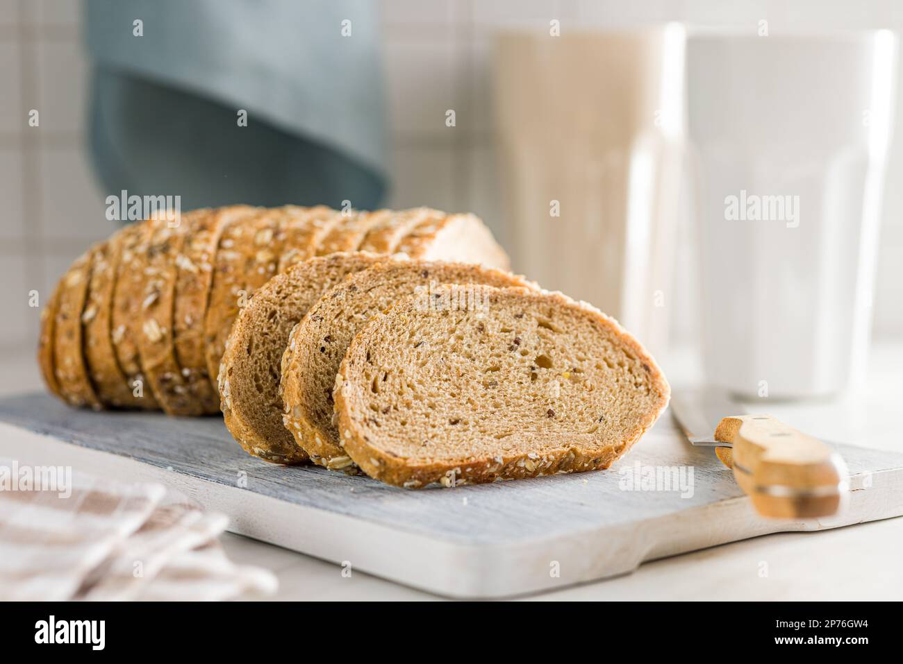 Sliced whole grain bread. Tasty wholegrain pastry with seeds on the