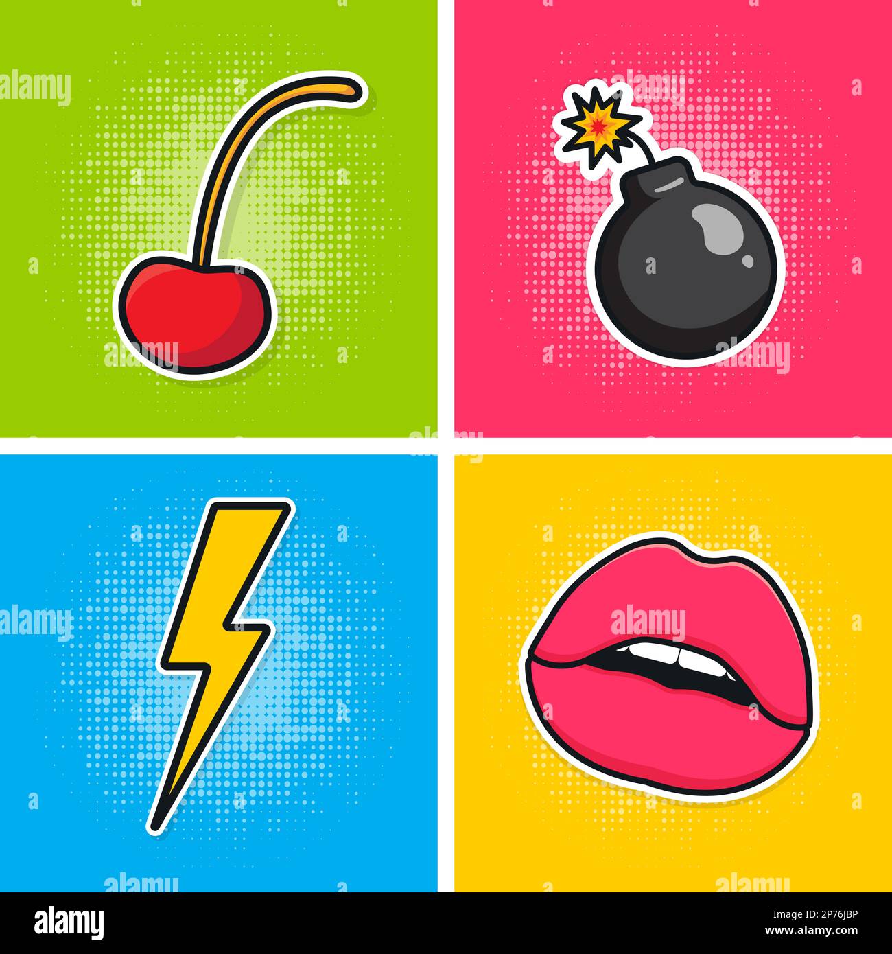 Pop art poster.Cherry and bomb, lightning and lips. Elements on a multi