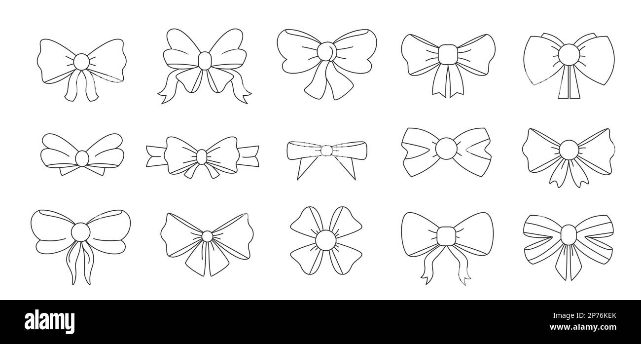 Bows line symbols. Doodle gift bowknots with ribbons different shapes, decorative elements for present packaging or hair accessories. Vector set Stock Vector