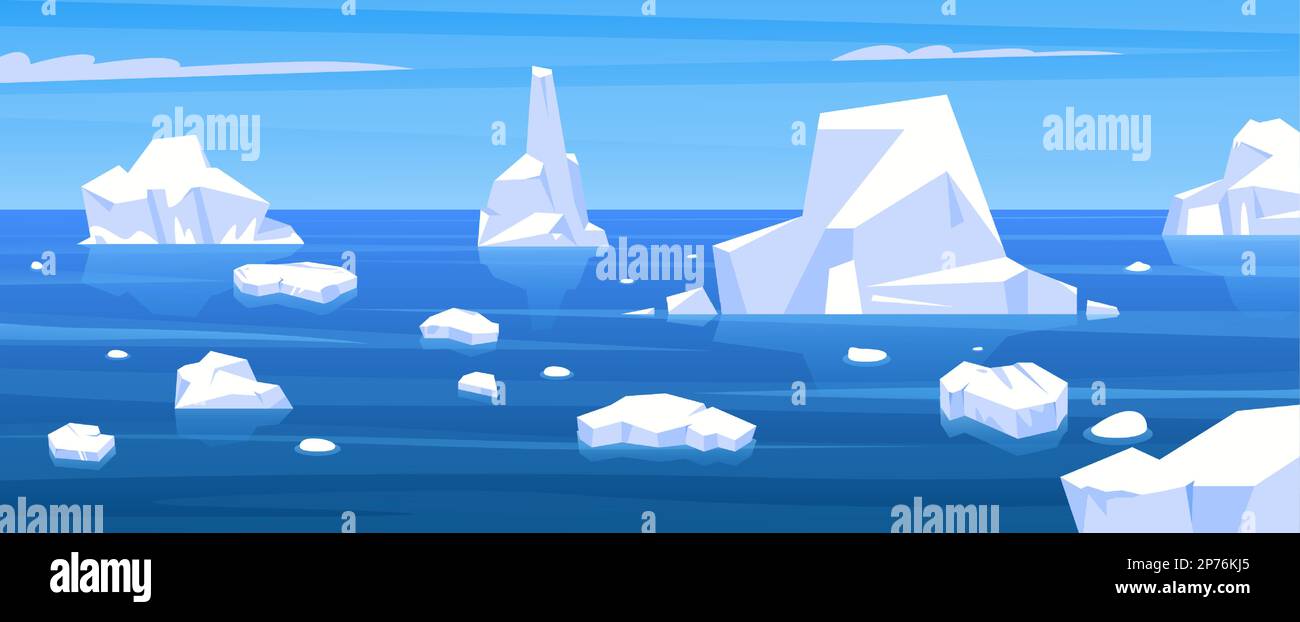 Arctic landscape. Cartoon winter scene with floating iceberg and frozen glacier pieces, ice north panorama, global warming concept. Vector background Stock Vector